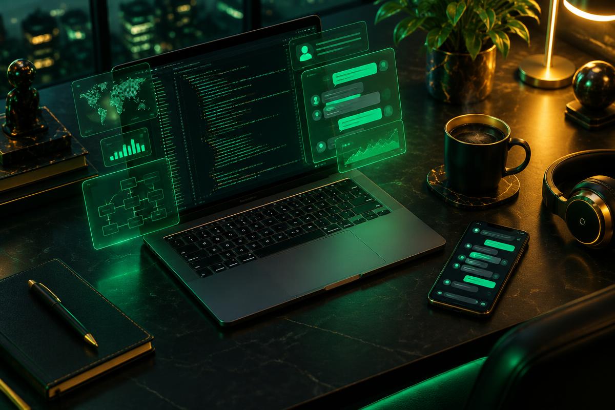 Futuristic developer workspace with glowing emerald code panels